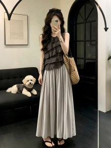 XUECAIQI | Korean Style Ruffled and Belted Sleeveless Top & Skirt Set Women