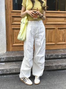 White Paratrooper Loose Fit Casual Cotton Trousers Women High Waist Slimming Long Pants Cargo Pants Straight Leg Commute Style