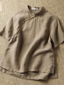 เสื้อเชิ้ตคอตั้งแขนสั้นผ้าฝ้ายลินินสไตล์จีนย้อนยุค ชุดชาเซนต์สไตล์ชา เสื้อผ้าทำงานฤดูร้อนสำหรับผู้หญิง