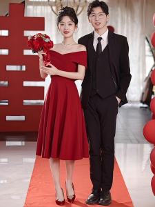 French Style Wedding Dress Red Slimming One Shoulder Evening Gown Banquet Elegance Midi Skirt for Bride Toasting Ceremony