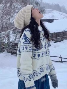 Christmas Theme Zipper Knitted Sweater Womens Autumn Winter Vintage Style Color Block Tassel Open Cardigan Long Sleeve Top