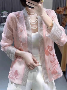 WANGGONGZHU | New Chinese Style Embroidered Heavy Duty Summer Sun Protection Womens Jacket Small Size Diamond Embedded Stand Collar Fashion Outerwear