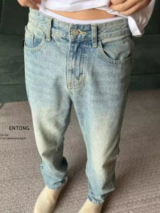 American High Street Cleanfit Style Mens Vintage Washed Loose Straight Leg Light Blue Versatile Jeans Casual Youthful Wear