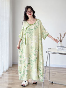 สไตล์จีนย้อนยุค ผ้าฝ้าย ผ้าไหม ยาว ชุดนอน ผู้หญิง พลัสไซส์ ฤดูร้อน แขนสั้น น้ำหนักเบา เสื้อผ้าบ้าน ลำลอง เดรส