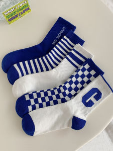 5 Pairs Womens Mid-Calf Sports Socks Anti-Odor Cotton Blue White Grid Pattern Trendy Home Comfortable Breathable Long Socks