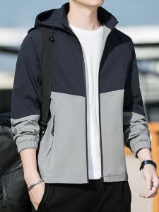 ROMON | Lormen Mens Color Block Hooded Jacket Short Style Spring Autumn Casual Trendy Windproof Workwear Coat Zipper Closure Pure Color