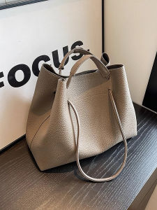 Large Capacity Soft Leather Shoulder Bag Women Commuting Tote Casual Korean Style Brown Handbag Bucket Shape Fashionable