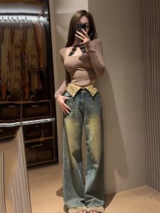 กางเกงยีนส์ขากว้างทรงตรงสำหรับผู้หญิง ฤดูใบไม้ผลิและฤดูใบไม้ร่วง กางเกงขายาวทรงเข้ารูป ขอบลุย ประดับเพชร ทรงเข้ารูป