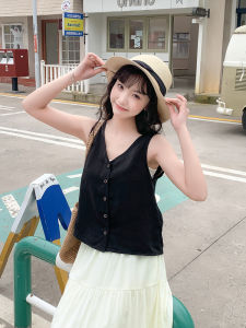 Artisanal Linen Silk V-Neck Black Vest Women Summer Commute Versatile Sleeveless Top Straight Cut Short Length Solid Color