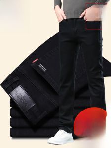 Black Fleece Lined Loose Straight Leg Mens Jeans Business Casual Long Trousers Autumn Winter Elastic Comfortable Jeans