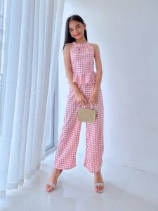 Girls Gingham Halter Peplum Top and Wide Leg Pants Set Kids 2-Piece Co-ord Outfit Korean Casual Matching Set for Girls 7–10 Years Old