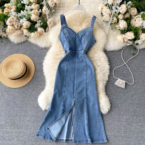 Hong Kong Style Slimming High Waist A-Line Dress Commute Date Versatile Light Maturity Slit Design Korean Version Midi Dress