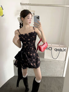 Spicy Girl Print Bow Tie Halter Dress Pleated Waist Slimming Short Skirt A-Line Summer 2024 Sleeveless Womens Fashion Dress