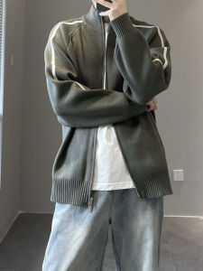 Mens Knitted Open Cardigan Casual Spring Autumn Loose Versatile Long Sleeve Sweater Fashionable Urban Style Thickened Stripe Pattern