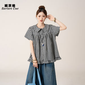 Nurture One | Retro Peter Pan Collar Plaid Short Sleeve Shirt and Denim Crop Pants Set