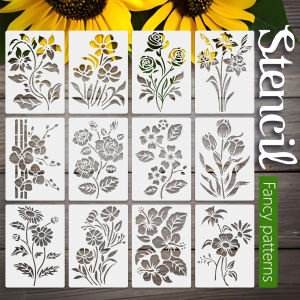 12PCS 8.2*6in Floral Stencil Template Set for DIY Crafts Wall Painting Furniture and Home Decor - Reusable PET Plastic Materi
