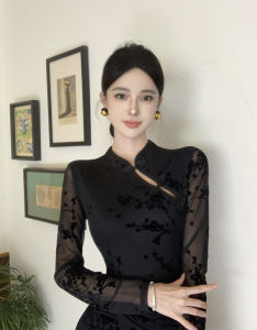 Elegant Chinese Style Revamped Cheongsam Dress Long Sleeve Slim Fit Split Ladylike Lace Dress for Young Women in Autumn Winter