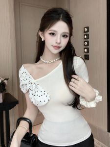 GUZILIAN | Polka Dot Short Sleeve T-Shirt With Butterfly Knot Slim Fit Design Korean Style Commute Lace Short Skirt Two Piece Set Summer 2025