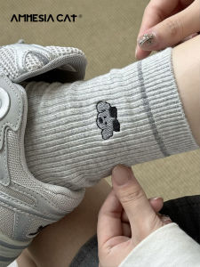 Cute Grey Dog Patterned Cotton Socks Womens Autumn Winter Mid-Calf Pure Cotton Long College Style Trendy Socks Bulk Pack