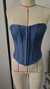 Womens Denim Corset Strapless Sweetheart Front Hook Busk Back Lace Up Waist Cincher Streetwear Bustier Top