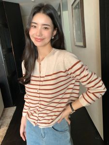 Striped Charm V-Neck Long Sleeve Womens Cashmere Knitted Cardigan Short Style Color Block Outerwear Casual Commute Style