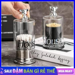 Hộp Đựng Tăm Hũ Đựng Tăm Bông Kèm Nắp Đậy Trong Suốt Núm Cầm Hình Gấu Sang Chảnh - Lọ Hộp Nhựa Lưu Trữ Decor Để Bàn