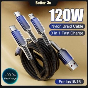3 in 1 120W Super Fast Charging Phone Charger Cable 1.2M/2M Ice Crystal Shell Nylon Weaving Data Cable USB to Type C Cable For ios15/16