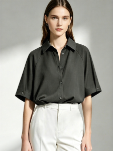 AMII | Summer New Simple Style Turn-Down Collar Raglan Sleeves Shell Button Shirt