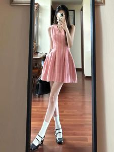 CHANGTONG | Pink Sleeveless Vest Dress Womens Summer Slimming A-Line Short Skirt Waist-Cinching French Style Bridesmaid Dress
