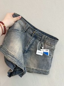 High Waist plus Size Denim Shorts Womens Autumn 2024 New Retro Hong Kong Style Slimming Wide Leg A-Line Hot Pants