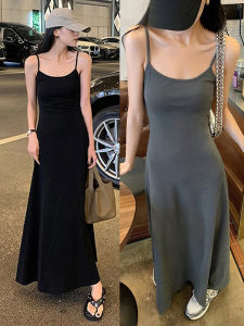 ชุดเดรสยาวคอวีแขนกุดผ้าฝ้ายผสมสไตล์เกาหลีสำหรับฤดูร้อน กระโปรงทรงเอ กระโปรงยาวคลุมเข่า เดรสยาวคลุมเข่า