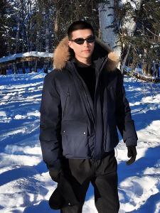 OUMULONG | Navy Blue Faux Fur Hooded Mens Winter Warm Padded Jacket