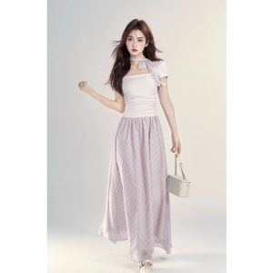 Váy Chữ a Tay Ngắn Màu Hồng Tím Phong Cách Ngọt Ngào Mùa Hè Cổ Vuông Thiết Kế Giả Hai Mảnh Váy Dài Thanh Lịch