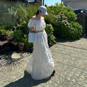 French Initial Sweetness Hollow out Splice Womens Summer High Sensation One Shoulder Top A-Line Mini Skirt Two Piece Set