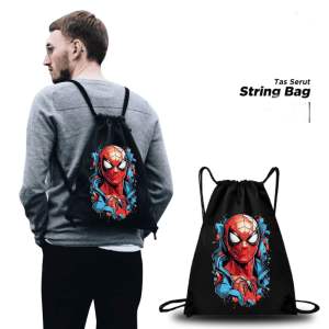Tas serut cowok - motif spiderman - tas anti air - tas futsal