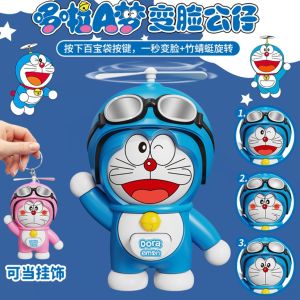 Bandai | Anime Doraemonsas Pressing Face Change Keyring Rotating Bamboo Dragonfly Doll Dingdang Cat Ornament Keychain Birthday Gifts