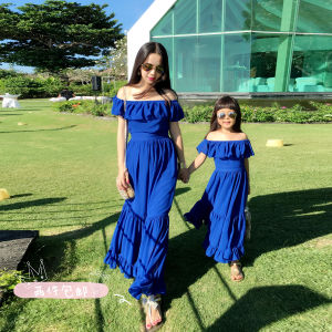 Online Red Western Style Parent-Child Girls Chiffon Dress Blue White Princess Style Elegant Mother and Daughter off-Shoulder Dress Summer 79