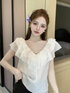 GUZILIAN | Elegant White Chiffon Top Womens Fashion Deep V-neck Casual Sleeveless Summer Design Sensual Gauze Edge Korean Style