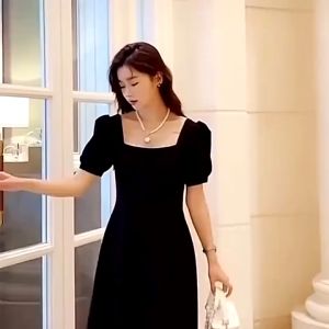 Long Skirt Dress Short Sleeved Square Formal Elegant Slim Korean red and White Skirt For Women