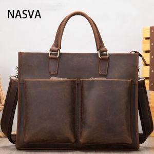 NASVA หนังแท้ย้อนยุคธุรกิจผู้ชายกระเป๋าเอกสารไหล่ของ Messenger กระเป๋าสำนักงาน14นิ้วถุงแล็ปท็อป