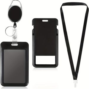 Slider Badge Clip - Hard Black Vertical Plastic Card Case Protective Cover with Retractable Badge Reel and Black Lanyard