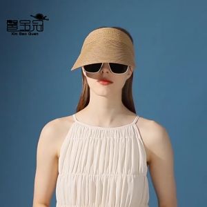 Fashion Woman Sun Hat Handmade Straw Visor Caps Empty Top Sun Hat Outdoor Beach Cap 13CM Big Brim Foldable Portable Roll-up Straw Cap