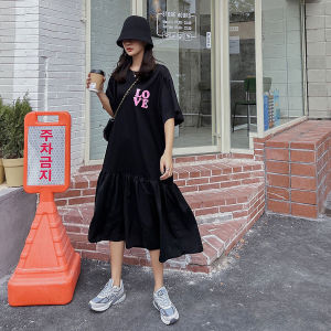 Plus Size Womens Clothing 150.00kg Idle Style Patchwork Belly-Covering Dress Plus Size Ladies Summer Loose Slimming Expansion Skirt Ins Fashion