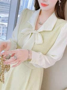 Tea Break French Dress Womens Long Sleeve 2024 Spring & Fall New Arrival Fake Two-Piece Bows Long Dress Beautiful Small Skirt