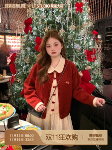 เสื้อสเวตเตอร์สองชิ้นสีแดง ผ้าฝ้ายผสม แขนยาว คอโปโล ทรงหลวม สำหรับผู้หญิงไซส์ใหญ่ ชุดฤดูหนาว ชุดทำงาน ชุดทำงาน