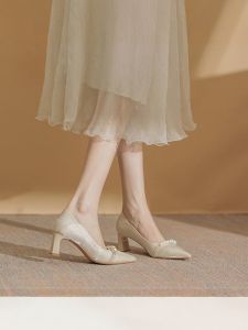 Mary Jane High Heels Wedding Shoes Womens Thick Heel Not Tired Pointed Toe Satin Pearl Small Heel Single Shoes for Dresses And Wedding Gowns
