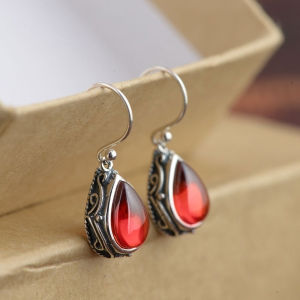 Huitan Hot Trend Pear Earrings for Women Vintage Green Red Stone Anti Silver Color Earrings Aesthetic Female Accessories Jewelry
