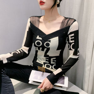 YIMEI 2023 New Diamond Inlaid Womens T-shirt Fashion Print Stripe Mesh Top Slim Fit Autumn Long Sleeve Underlay Shirt