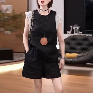 Shalldoer | Retro Hong Kong Style Lace Splicing Straight Leg Short Pants Set Womens Summer Light Maturity Fashion Two-Piece Suit