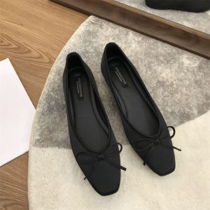 Champagne Color Bow Knot Flat Bottom Womens Shoes Spring 2024 New Gentle Silk Surface Head Square Mouth Low Heel Rubber Sole